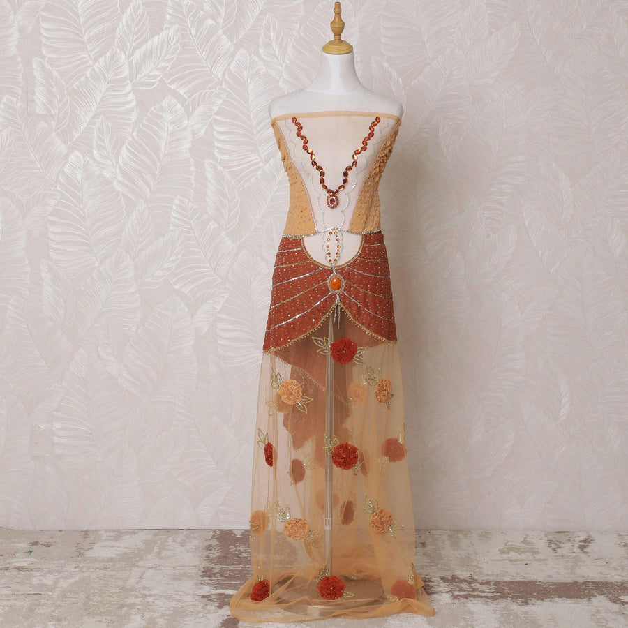 Sand brown nylon tulle fabric with crimson red 3d flowers, sequin work, bead work in floral design-D14743
