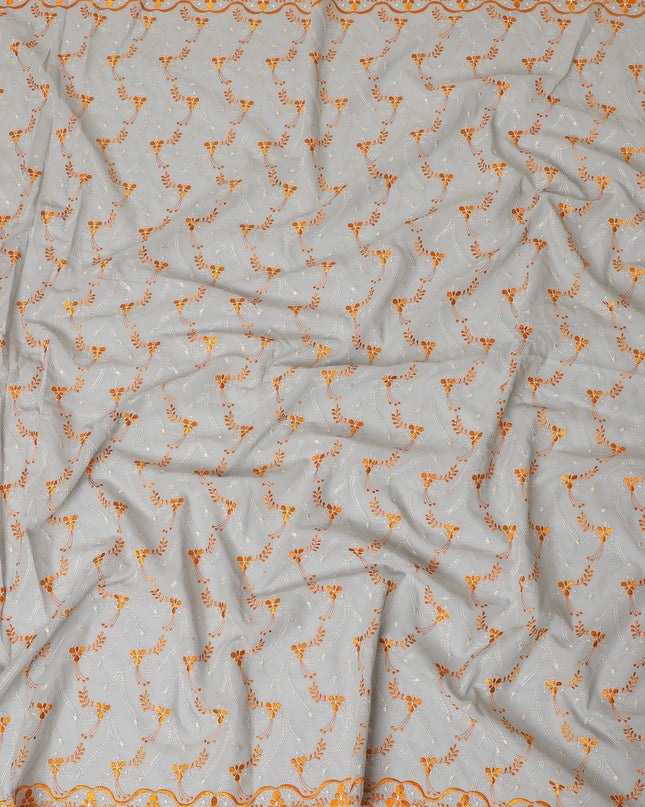 قماش الفوال القطني السويسري الفاخر 100% (الثوب السوداني) باللون الرمادي اللؤلؤي مع تطريز باللون الأخضر الفيروزي والذهبي بتصميم الأزهار-D13524