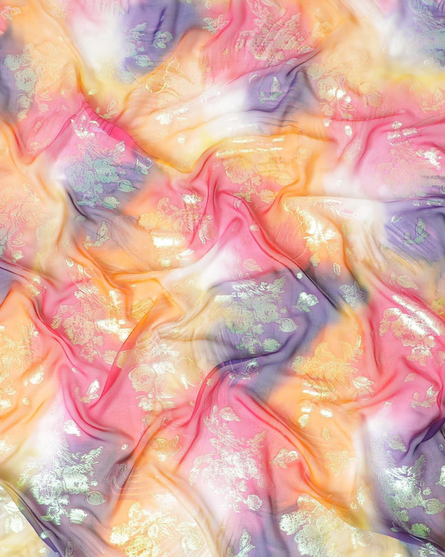 قماش شيفون حريري نقي فاخر متعدد الألوان مع لوريكس معدني أخضر نيون بتصميم زهور-D9322