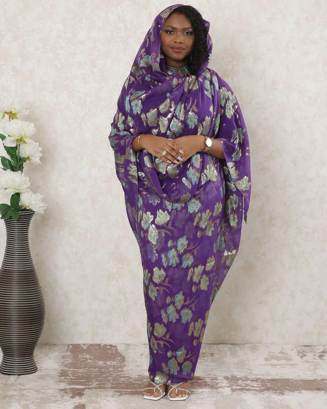 Purple Premium pure silk chiffon thobe with blue, sage green viscose having gold metallic lurex in floral design-D14354 Regal Fabrics