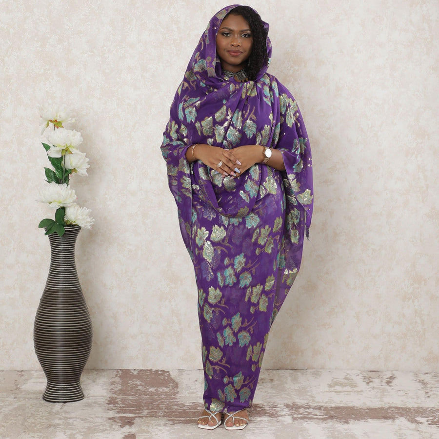 Purple Premium pure silk chiffon thobe with blue, sage green viscose having gold metallic lurex in floral design-D14354