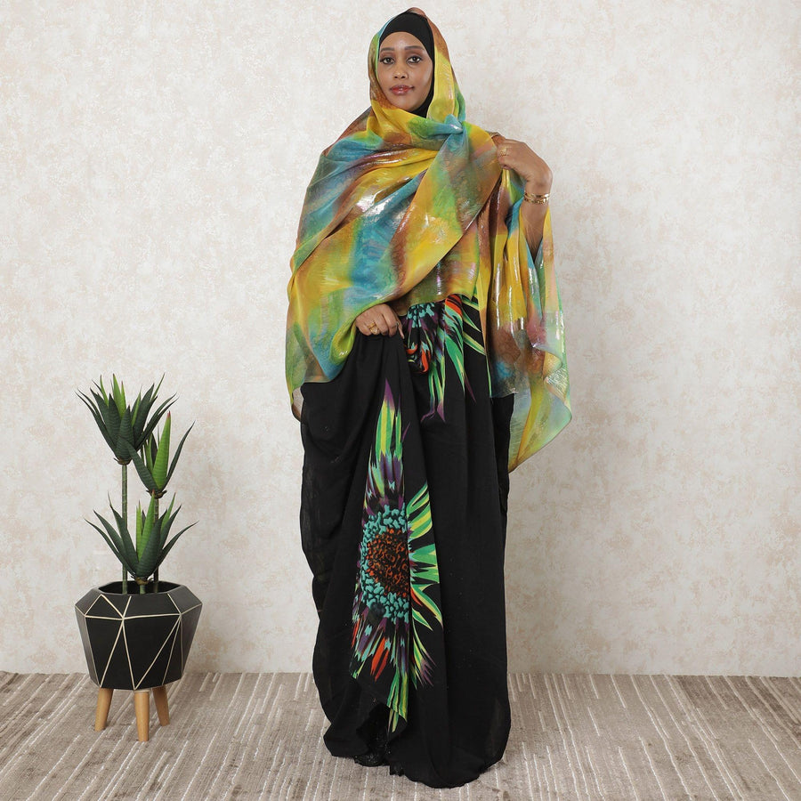 جرباسار شيفون حريري نقي فاخر متعدد الألوان مع نفس اللون لوريكس معدني بتصميم فاخر-D11585