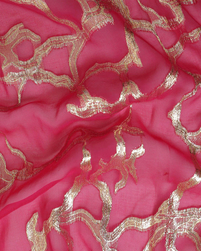 قماش شيفون من الحرير الخالص الفاخر باللون الوردي الأرجواني مع لوريكس معدني ذهبي بتصميم تجريدي -D13192