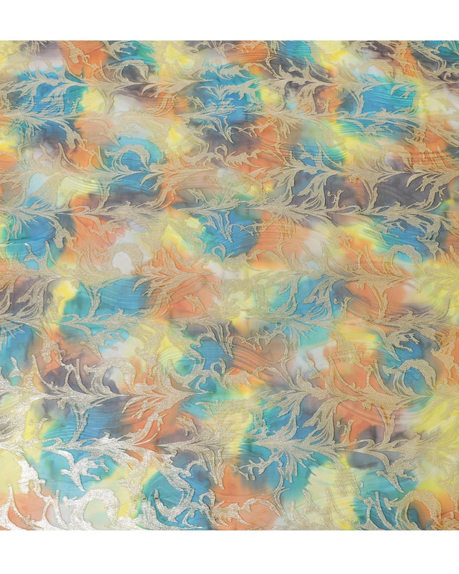 شيفون من الحرير الخالص متعدد الألوان مع لوريكس معدني ذهبي بتصميم أوراق الشجر -D11385