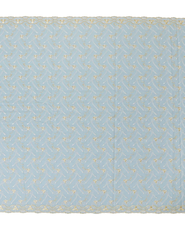 قماش الفوال القطني السويسري الفاخر 100% (الثوب السوداني) باللون الأزرق الفاتح مع تطريز ذهبي وفضي بتصميم زهور-D13520