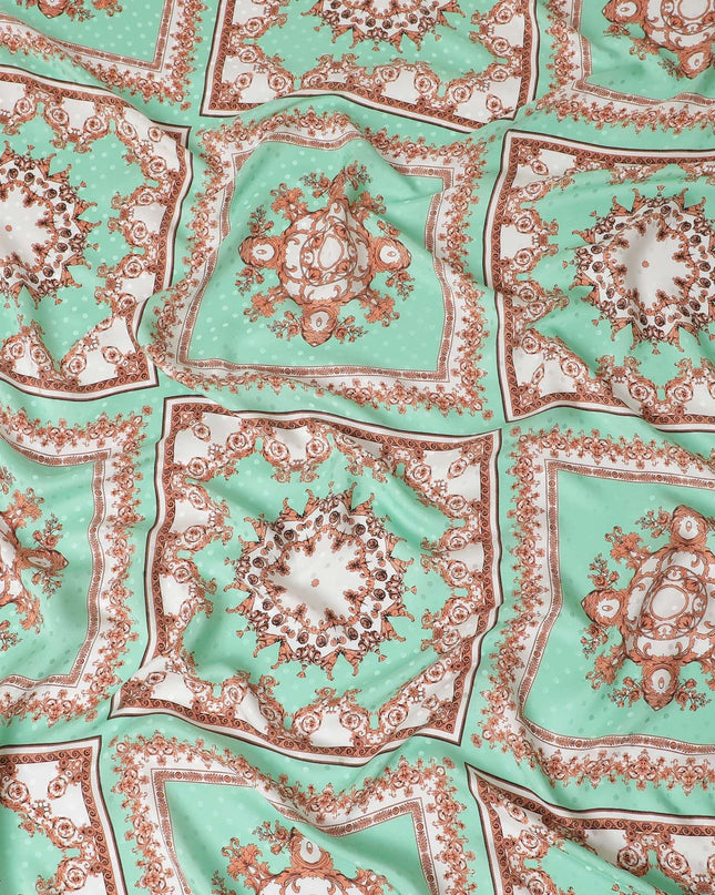 قماش ساتان حريري إيطالي نقي فاخر باللون الأخضر الفيروزي مع طباعة متعددة الألوان بتصميم الأزهار-D13742