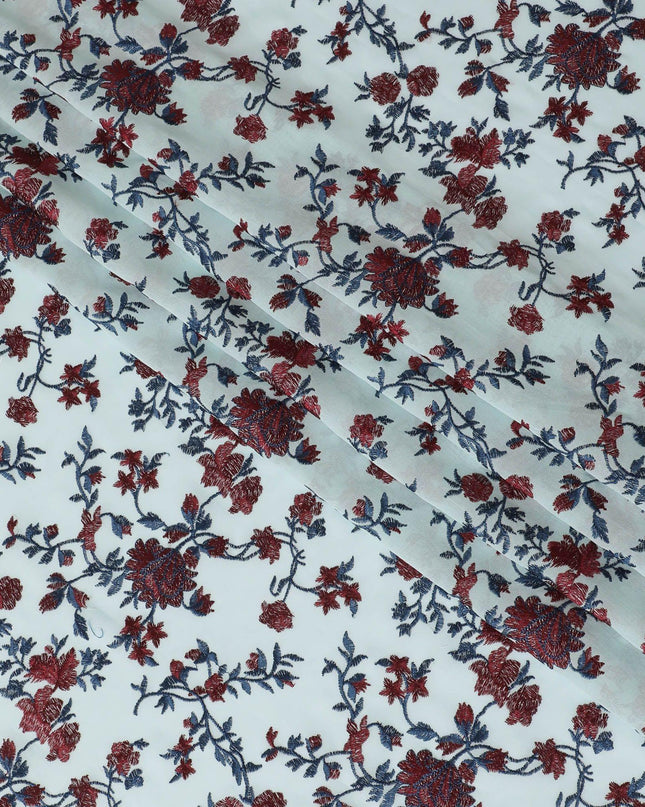 Celeste blue cotton voile fabric with red and blue embroidery in floral design-11237