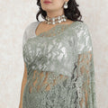 Sage green premium pure French chantilly lace saree having stone work in floral deisgn-D13498