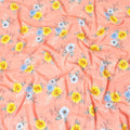 Salmon orange premium pure silk crepe fabric with sun flower yellow, baby blue and beige print in floral design-D9393 Regal Fabrics