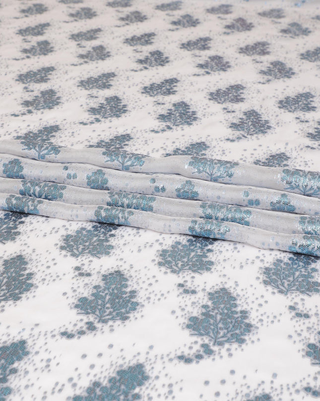 قماش من الشيفون الحريري باللون الرمادي وحيد القرن مع اللوريكس المعدني باللون الأزرق الفاتح والنحاسي بتصميم الأزهار - D8041