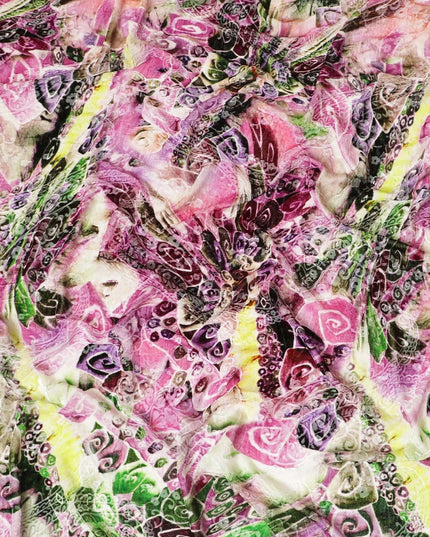White Premium Italian silk chiffon dirac (makmal) fabric with multicolor print having velvet jacquard in floral design-D8698 Regal Fabrics