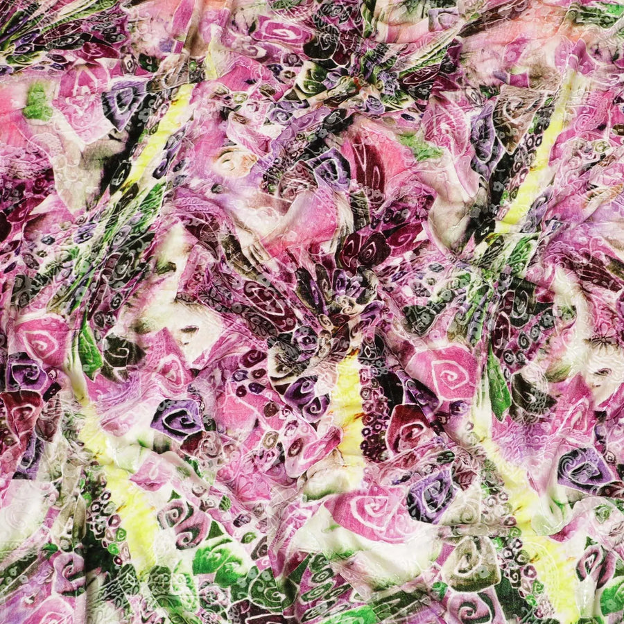 White Premium Italian silk chiffon dirac (makmal) fabric with multicolor print having velvet jacquard in floral design-D8698 Regal Fabrics