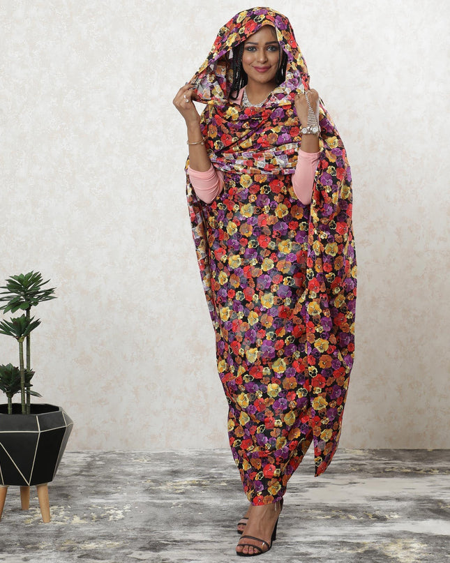 Black Premium Swiss 100% cotton voile thobe with purple, peach and yellow print in floral design-D9488