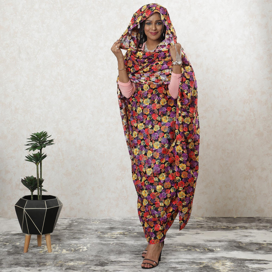 ثوب أسود سويسري فاخر 100% من القطن الفوال مع طباعة أرجوانية وخوخية وصفراء بتصميم زهور-D9488