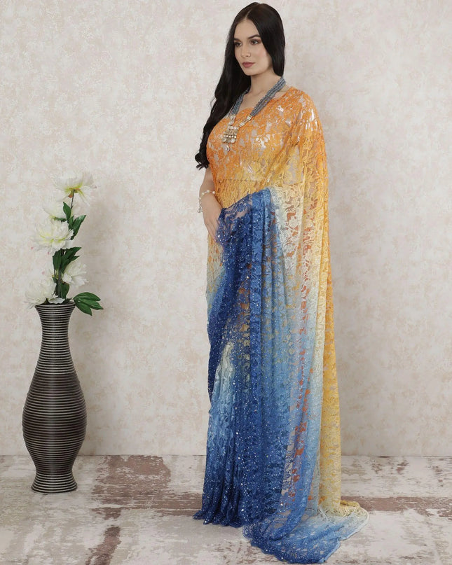 Multicolor Premium pure French chantilly lace saree having stone work in ombre design-D14489 Regal Fabrics