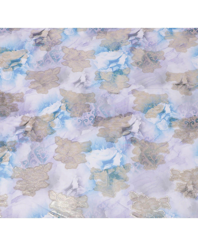 Maya blue synthetic chiffon fabric with same tone and lavender print having gold metallic lurex in floral design-D7004