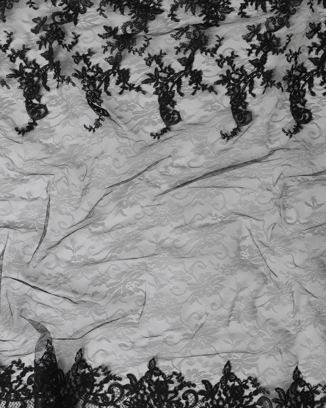 Black nylon tulle fabric with same tone embroidery in fancy design-D5993