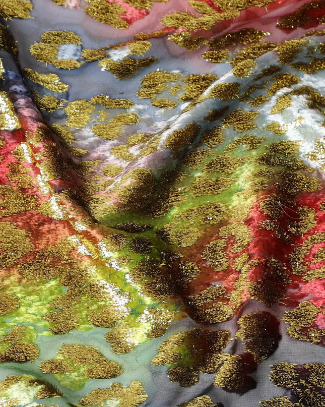 Multicolor premium pure silk chiffon velvet (makmal dirac) fabric with gold metallic lurex in fancy design-D13836 Regal Fabrics