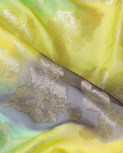 قماش شيفون حريري فرنسي (فرنساوي) فاخر متعدد الألوان مع لوركس معدني ذهبي بتصميم زهور-D14009