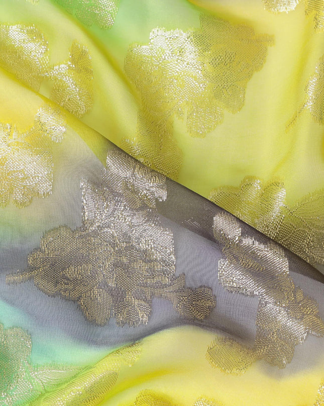 قماش شيفون حريري فرنسي (فرنساوي) فاخر متعدد الألوان مع لوركس معدني ذهبي بتصميم زهور-D14009