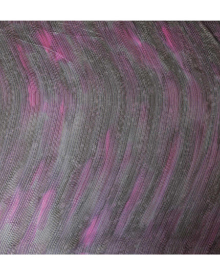 Black premium pure silk chiffon fabric with pink print having gold metallic lurex in stripe design-D9045