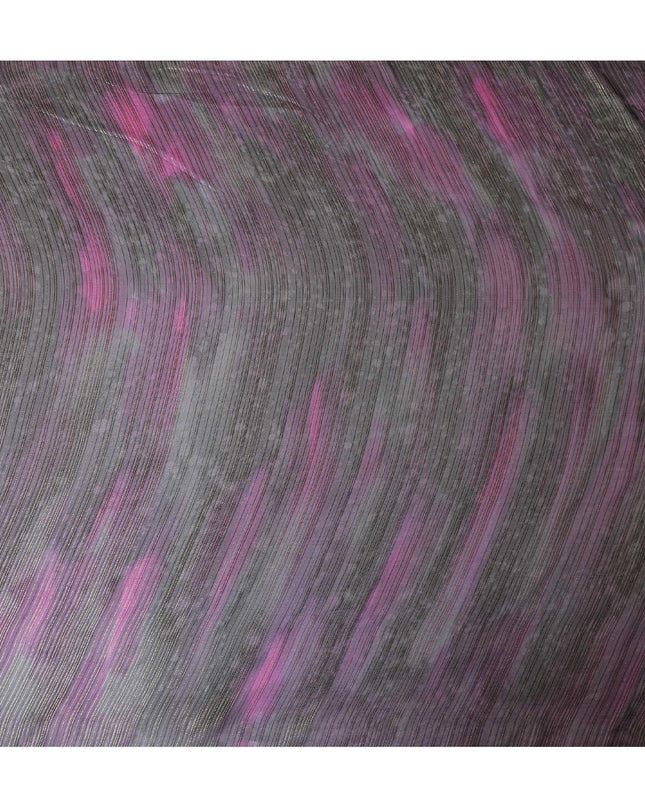 Black premium pure silk chiffon fabric with pink print having gold metallic lurex in stripe design-D9045