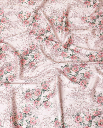 Light pink premium pure silk satin fabric with light peach and forest green print having rose pink film metallic in floral design-D9419
