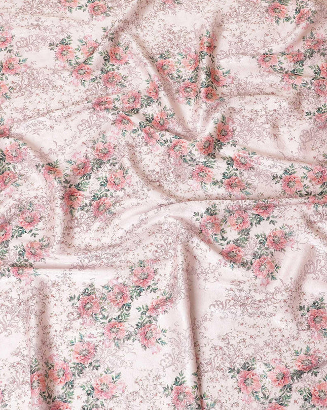 Light pink premium pure silk satin fabric with light peach and forest green print having rose pink film metallic in floral design-D9419