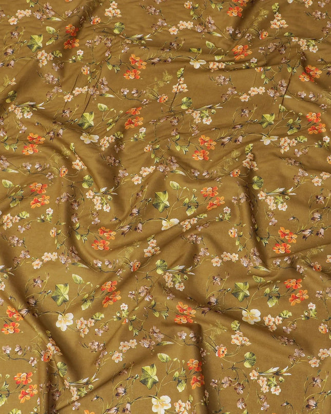 Olive green cotton lawn fabric with multicolor print in floral design-D15263 Regal Fabrics