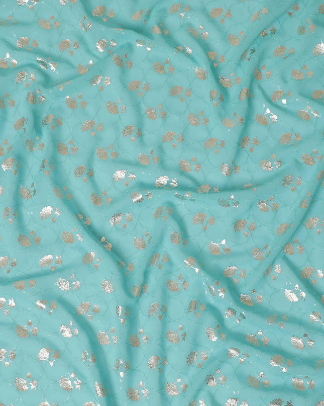 Tiffany blue synthetic georgette fabric with same tone embroidery having gold foil print in floral design-D12033 Regal Fabrics