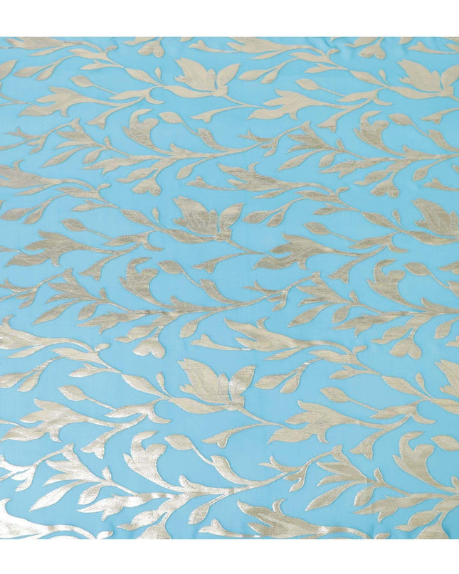 شيفون حريري نقي فاخر باللون الأزرق السماوي مع لوريكس معدني ذهبي بتصميم أوراق الشجر -D11359