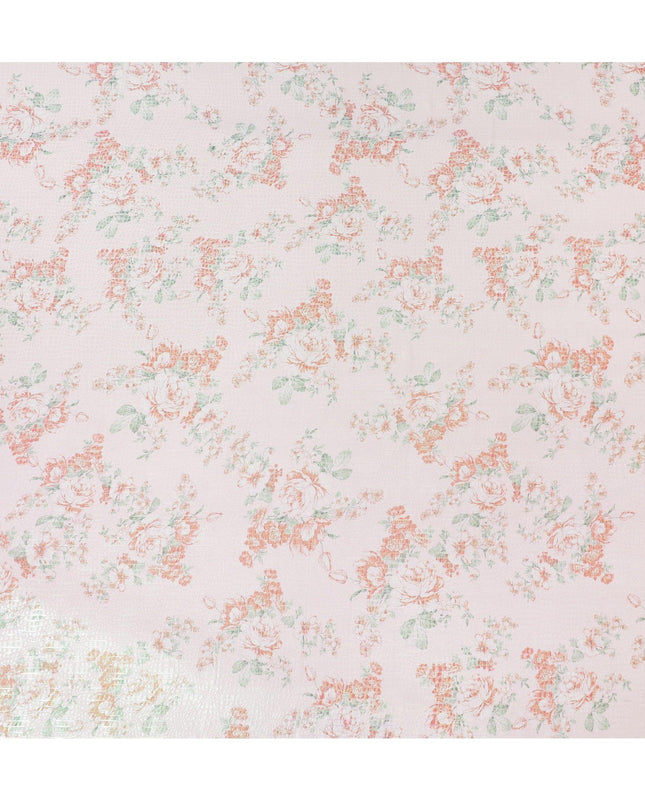 Light peach Premium pure silk chiffon fabric with multicolor print having neon green metallic lurex in floral design-D14560