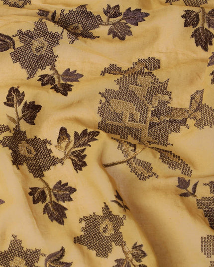 قماش فوال قطني تورتيلا بني مع تطريز بني موكا وذهبي بتصميم زهور-D8537