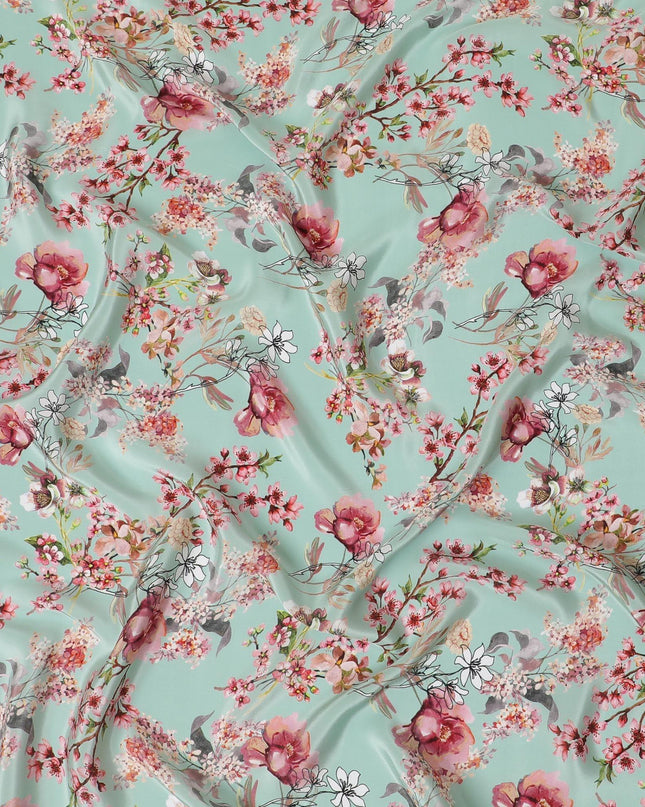 Light turquoise green viscose fabric with multicolor print in floral design-D12265