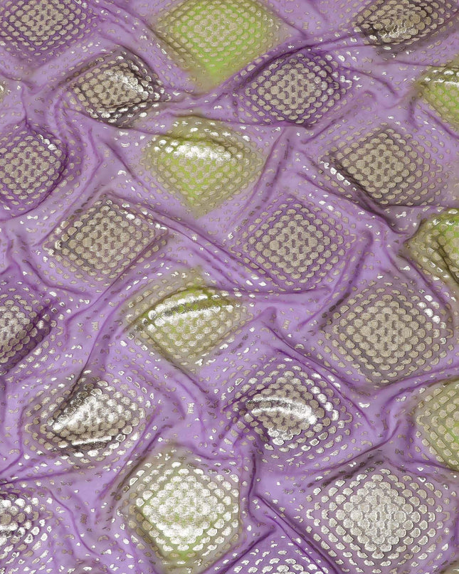 قماش شيفون من الحرير الخالص باللون الأرجواني مع طباعة باريس باللون الأخضر مع لوريكس معدني ذهبي بتصميم منقط-D14300