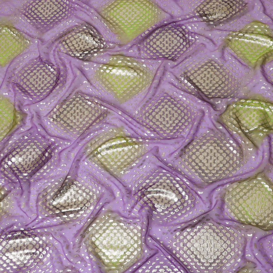 Purple Premium pure silk chiffon fabric with Paris green print having gold metallic lurex in dot design-D14300