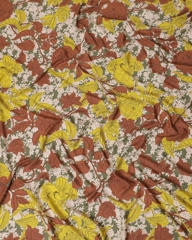 Moss green Premium Italian viscose fabric with multicolor print in floral design-D12524 Regal Fabrics