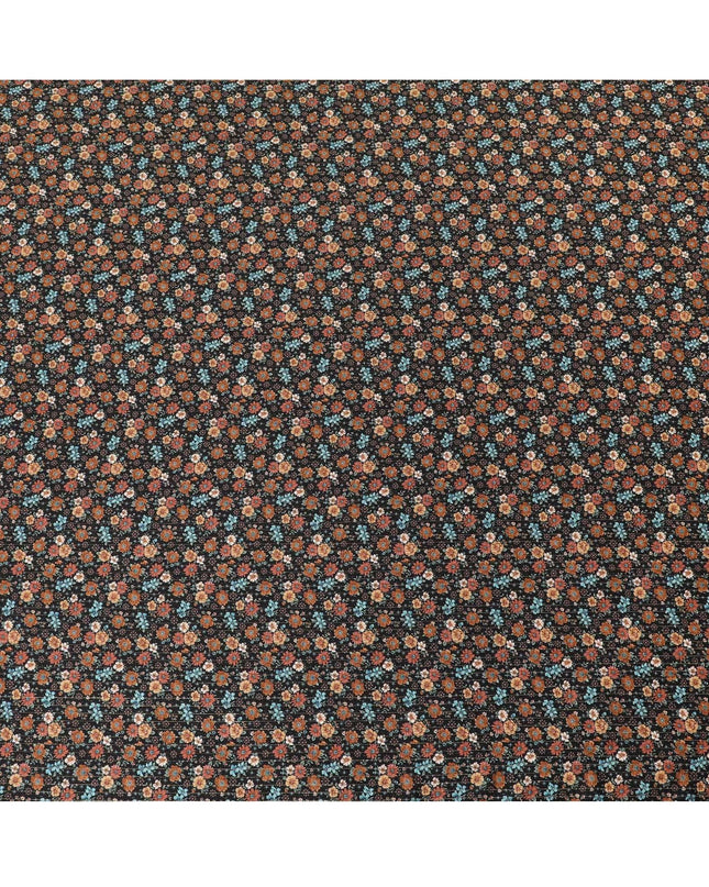 Black viscose crepe printed fabric with multi colour prints in floral design-D11159