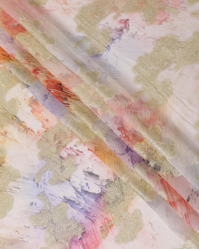 Multicolor synthetic chiffon fabric with gold metallic lurex in fancy design-D12599 Regal Fabrics