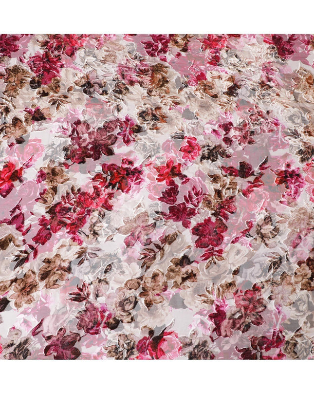 قماش شيفون حريري مطبوع رقميًا باللون الوردي مع لوركس معدني ومخمل (مكمال) بتصميم زهور لديراك - D9969