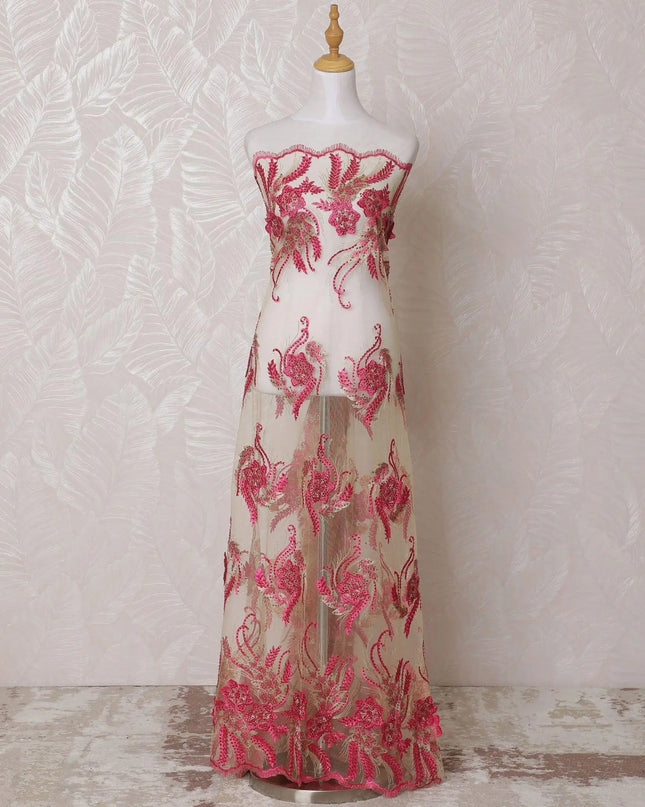 Gold nylon tulle fabric with same tone, hot pink embroidery having stone work in fancy design-D14757 Regal Fabrics