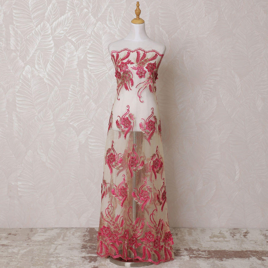 قماش تول نايلون ذهبي بنفس اللون، تطريز وردي ساخن مع أعمال حجرية بتصميم فاخر -D14757