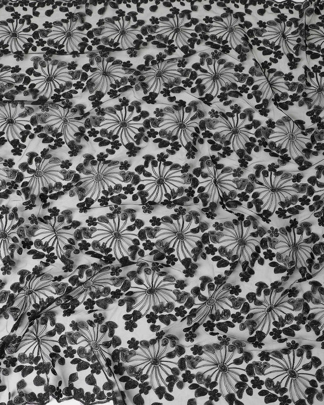 Black nylon tulle fabric with same tone and metallic embroidery in fancy design-D6039