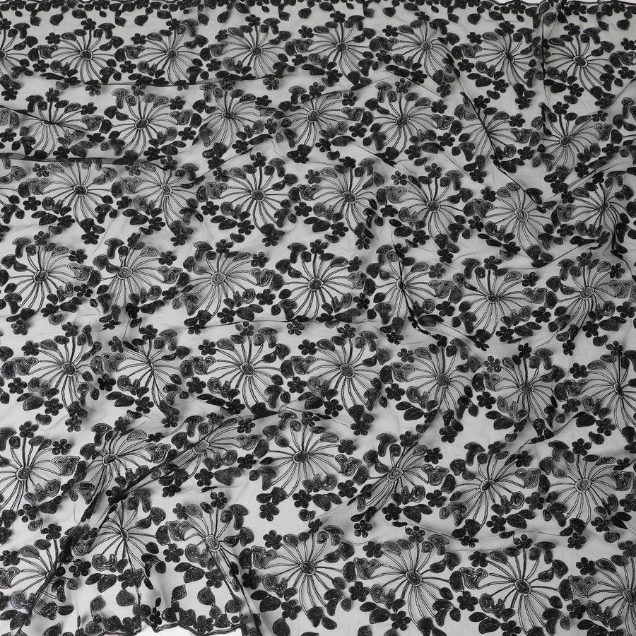 Black nylon tulle fabric with same tone and metallic embroidery in fancy design-D6039