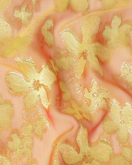 قماش شيفون حريري نقي ممتاز باللون البرتقالي فيسكوز أخضر اللون مع لوركس معدني ذهبي بتصميم زهور-D14647