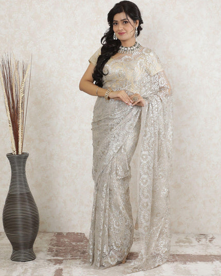 Light beige, gold Premium pure metallic French chantilly saree lace in floral design-D13511