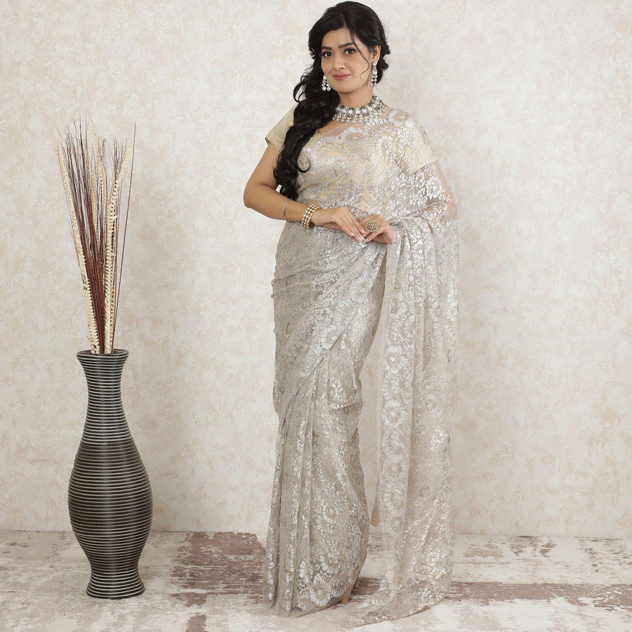 دانتيل الساري الفرنسي شانتيلي المعدني النقي الفاخر باللون البيج الفاتح والذهبي بتصميم الأزهار-D13511