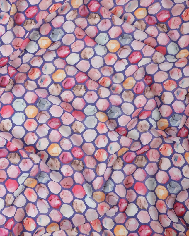 Purplish blue synthetic georgette fabric with multicolor print in geometric design-DD13314 Regal Fabrics
