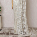 Off white, light gold Premium pure French metallic chantilly lace saree having stone work in floral design-D14588 Regal Fabrics