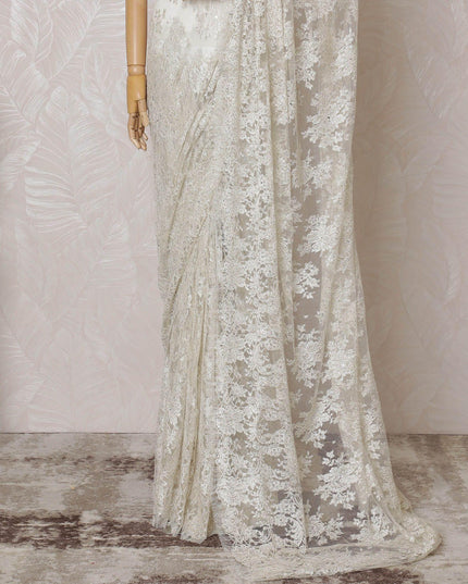 Off white, light gold Premium pure French metallic chantilly lace saree having stone work in floral design-D14588 Regal Fabrics